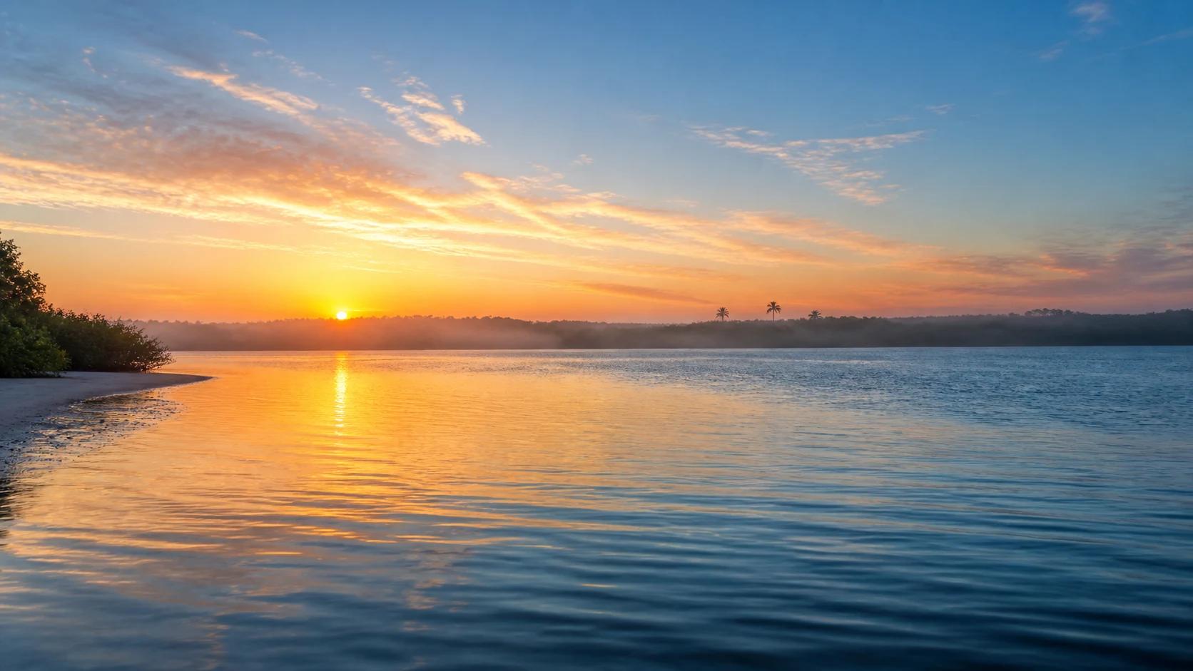 AI-created sunrise across an east-facing Florida coastal inlet, not a property view